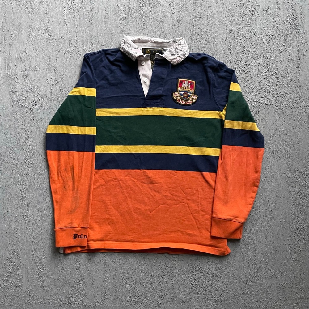 Vintage Crest Stripe Rugby Shirt Men Medium Multi Color 90s Polo Ralph Lauren